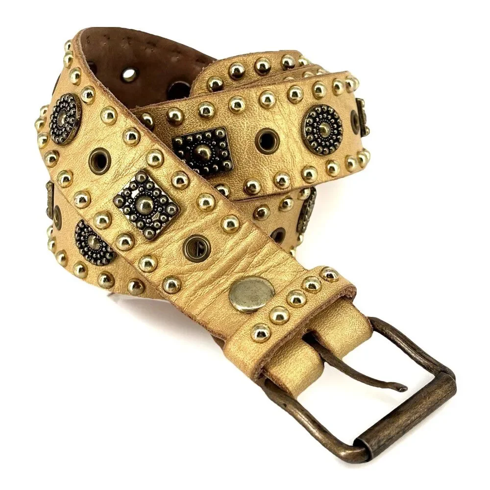 Sand Castle New York Metallic Gold Studded Women's 42.5” Soft Leather Belt EUC